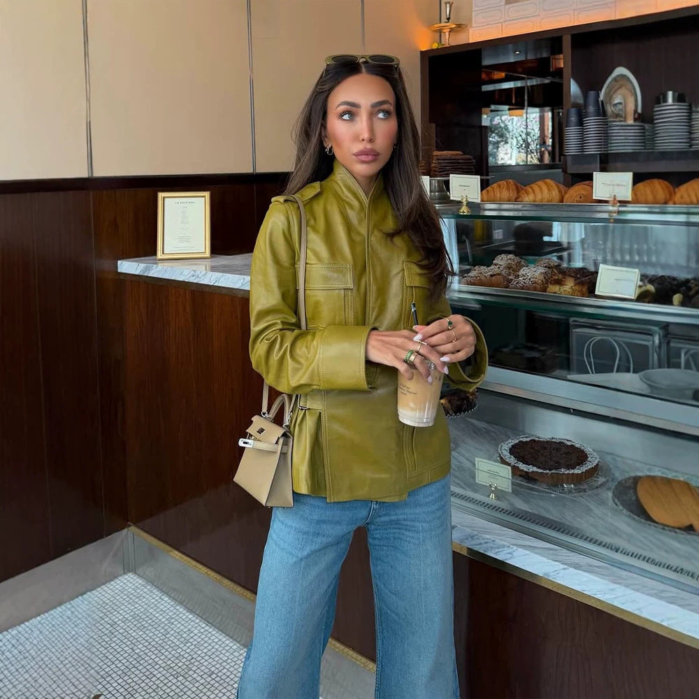 Damen Lederimitat-Utility-Jacke mit Stehkragen, Brustklappen & verdecktem Reißverschluss Echoarchiv