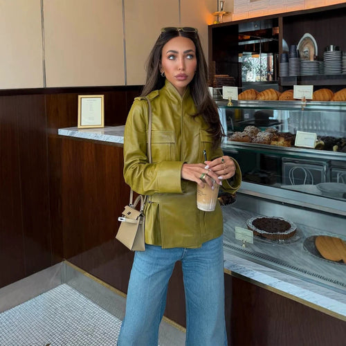 Damen Lederimitat-Utility-Jacke mit Stehkragen, Brustklappen & verdecktem Reißverschluss Echoarchiv