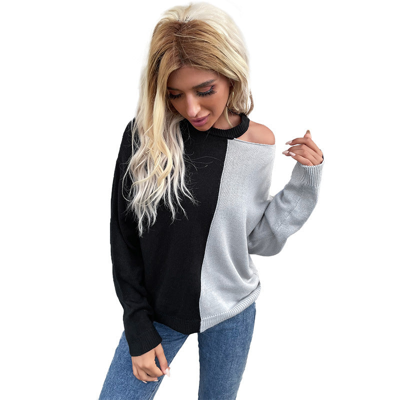 Damen Asymmetrischer Colorblock-Pullover mit Cut-Out-Schulter und Oversize-Feinstrick Echoarchiv