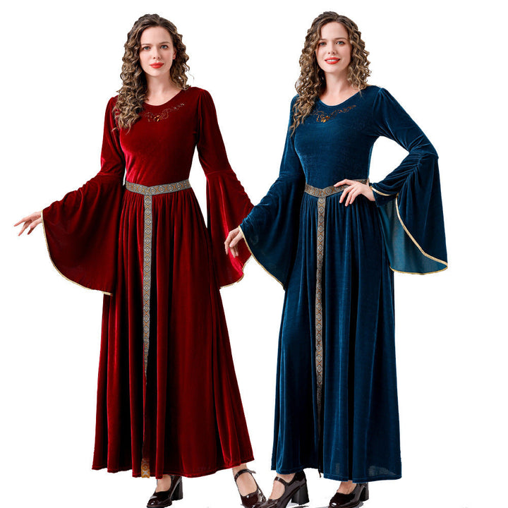 Damen elegantes Samtkleid mit Weitem Ärmel und Ziergürtel – Élara