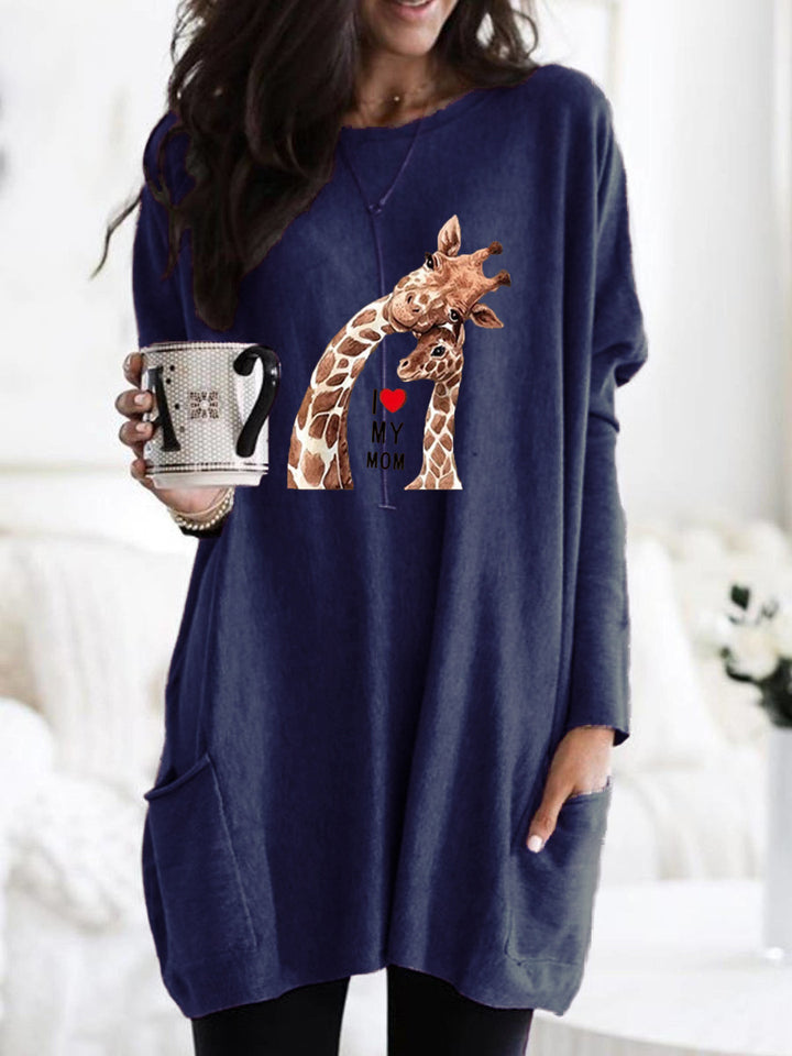 Frauen Übergroße Sweatkleid mit Giraffenmuster, Rundhalsausschnitt und Seitentaschen Echoarchiv