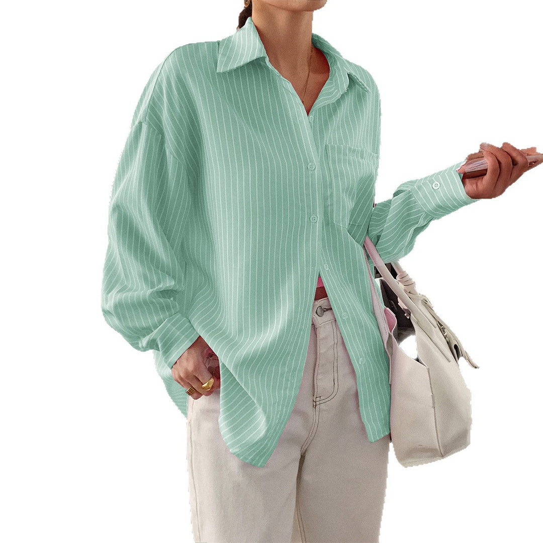 Damen nan locker geschnittene Longbluse mit Kentkragen, Brusttasche und feinem Nadelstreifen Echo Archiv