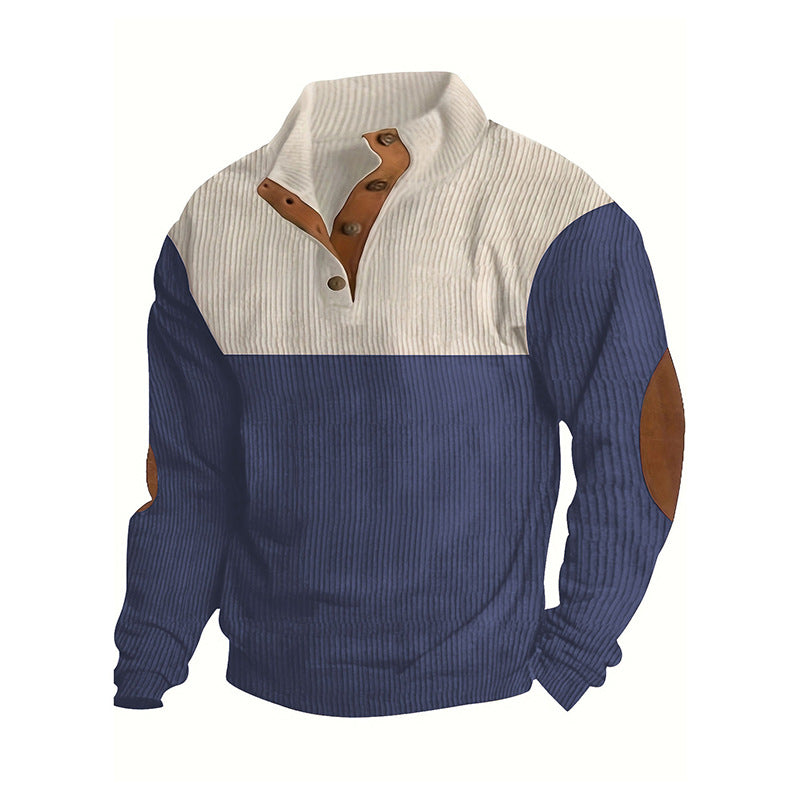 Herren Strukturierter Halbknopf-Pullover mit Stehkragen, Rippenstruktur und Ellenbogen-Patches Echoarchiv
