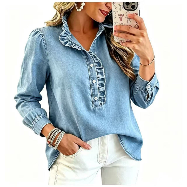 Damen Denim-Bluse mit Rüschenkragen und Puffärmeln Echo Archiv