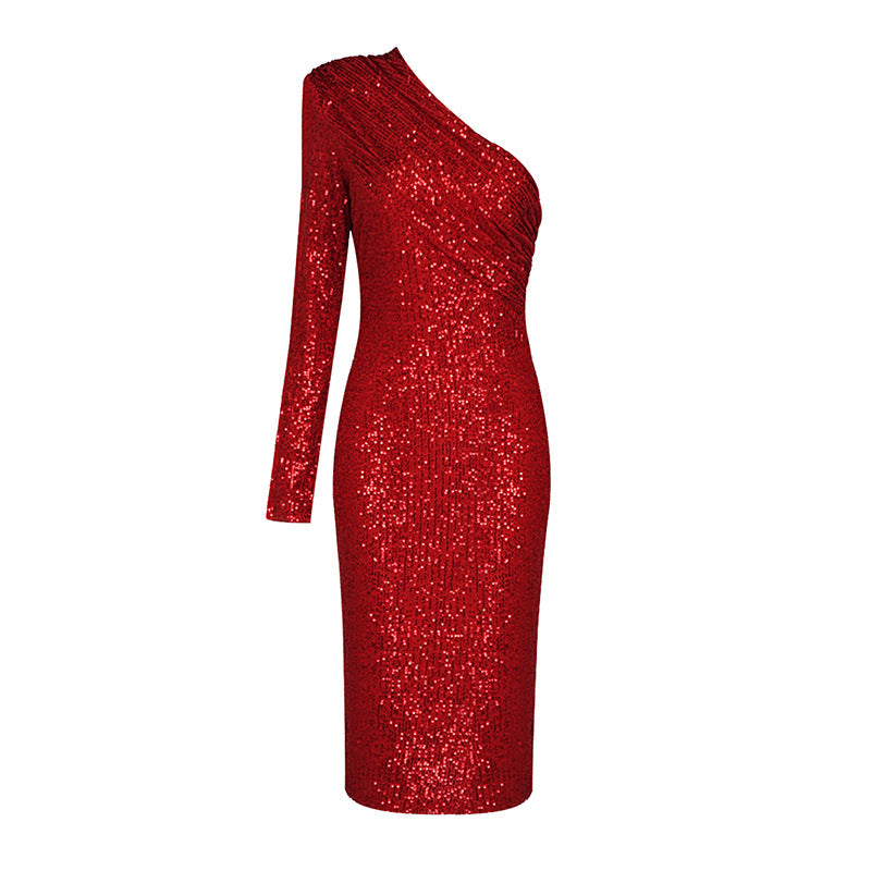 Damen Glitzerndes Etuikleid mit asymmetrischem Ausschnitt und langem Arm Echo Archiv