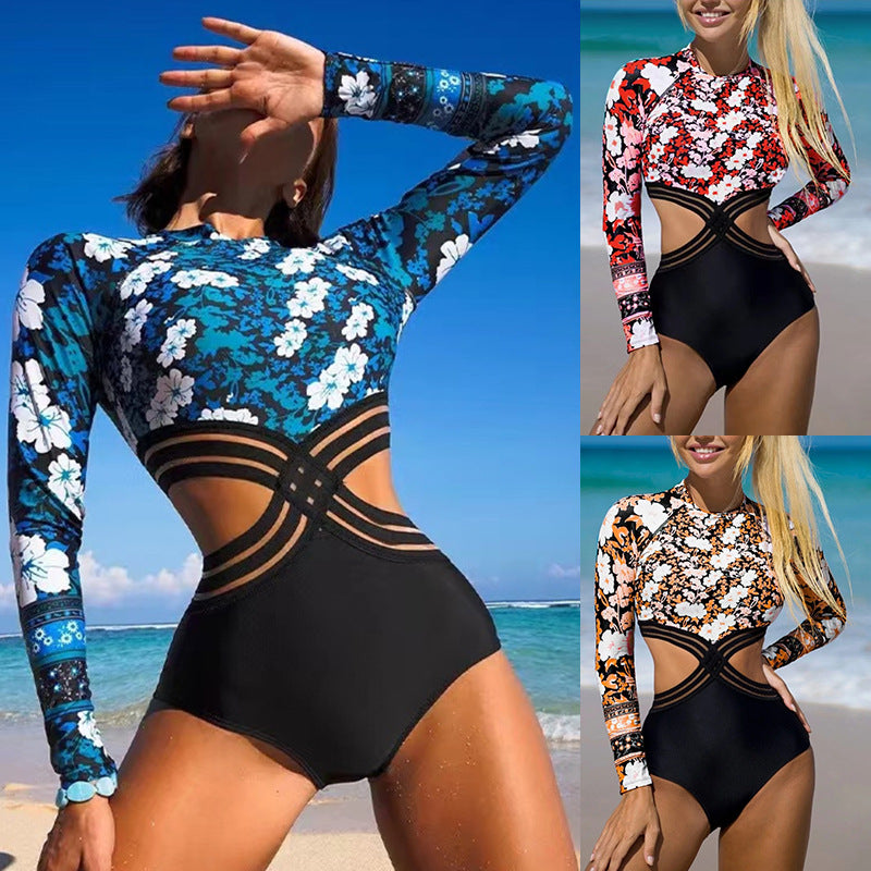Damen Sportlicher Langarm-Badeanzug mit floralem Design Echo Archiv