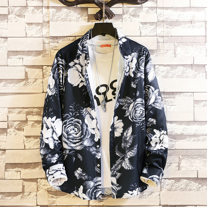 Herren nan langärmliges Hemd mit offenem Reverskragen, kontrastivem Blumenprint und lässiger Regular-Fit Silhouette Echo Archiv