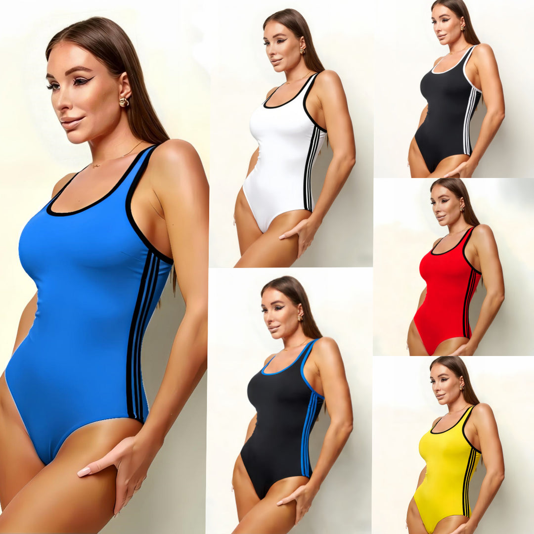 Damen Sportlich eleganter Badeanzug mit kontrastierenden Streifen Echo Archiv