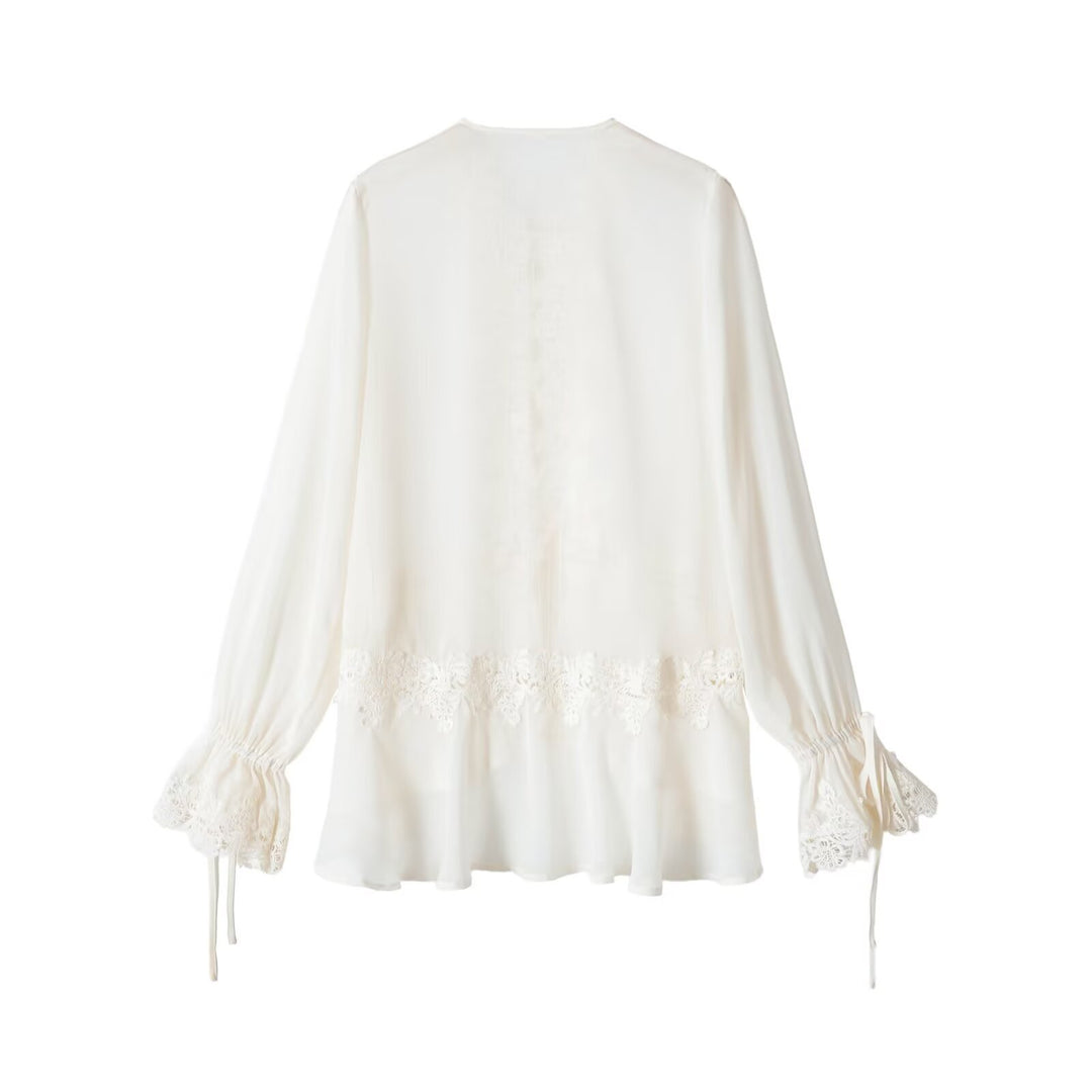 Damen Boho-Spitzenbluse mit Volants, langen Rüschenärmeln und Bindebändern Echo Archiv