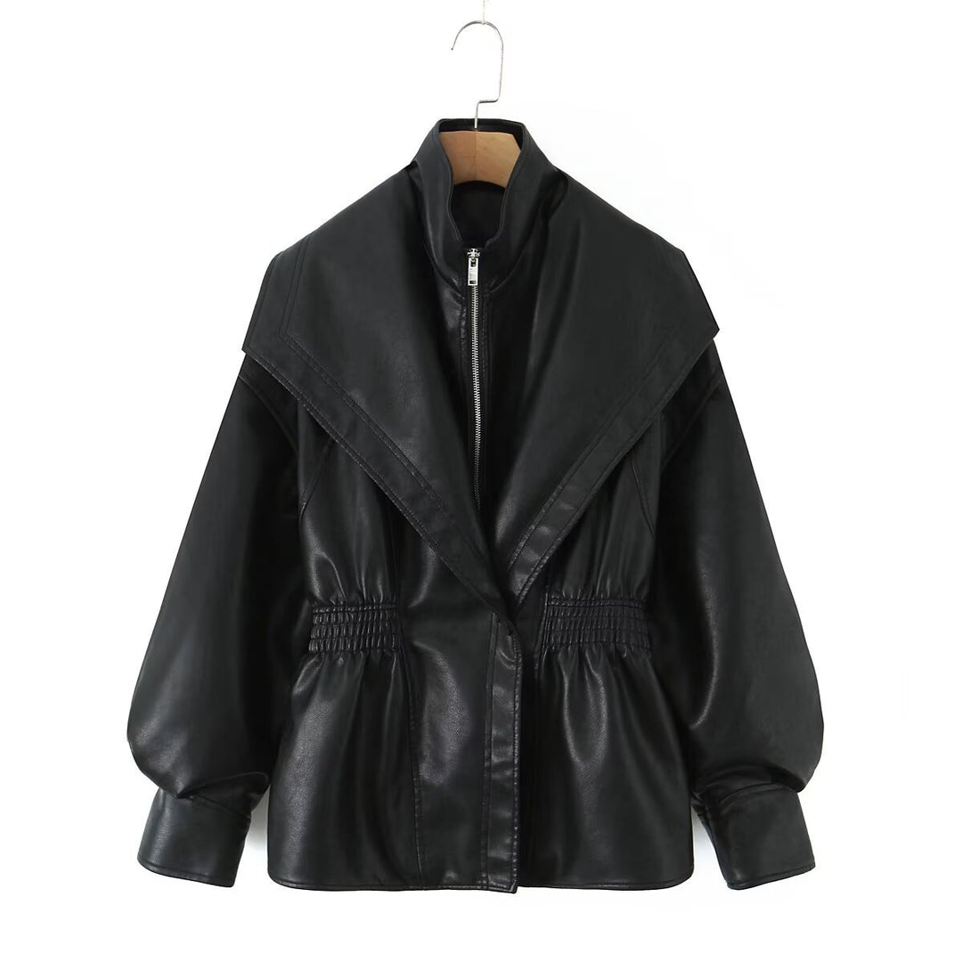 Damen Kunstlederjacke mit XXL-Schalkragen, Taillengummierung und Ballonärmeln Echo Archiv