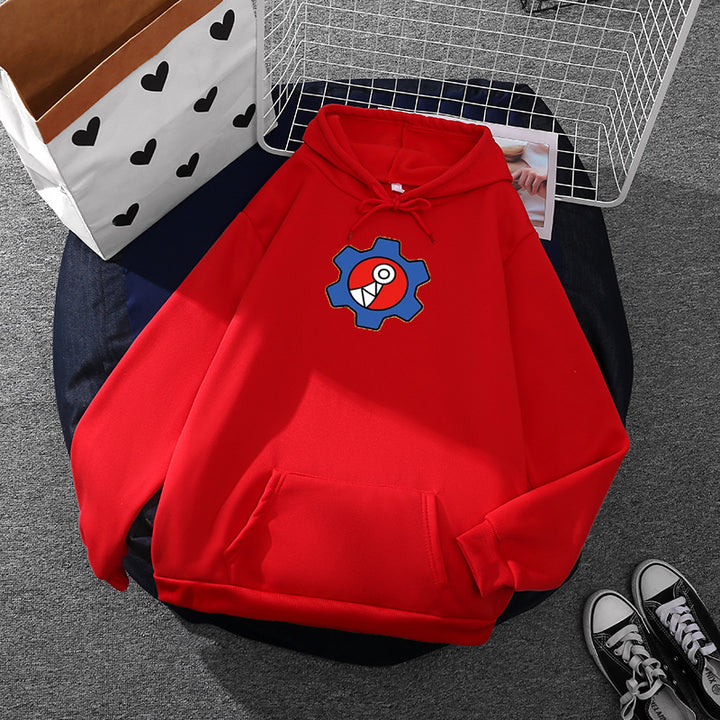 Damen oversized Fleece-Kapuzenpullover mit weicher Innenseite, Kängurutasche und appliziertem Zahnrad-Comic-Motiv – Auréline