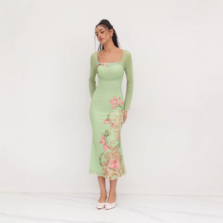 Damen elegantes Midikleid mit floralem Design und transparenten Longsleeves Echo Archiv