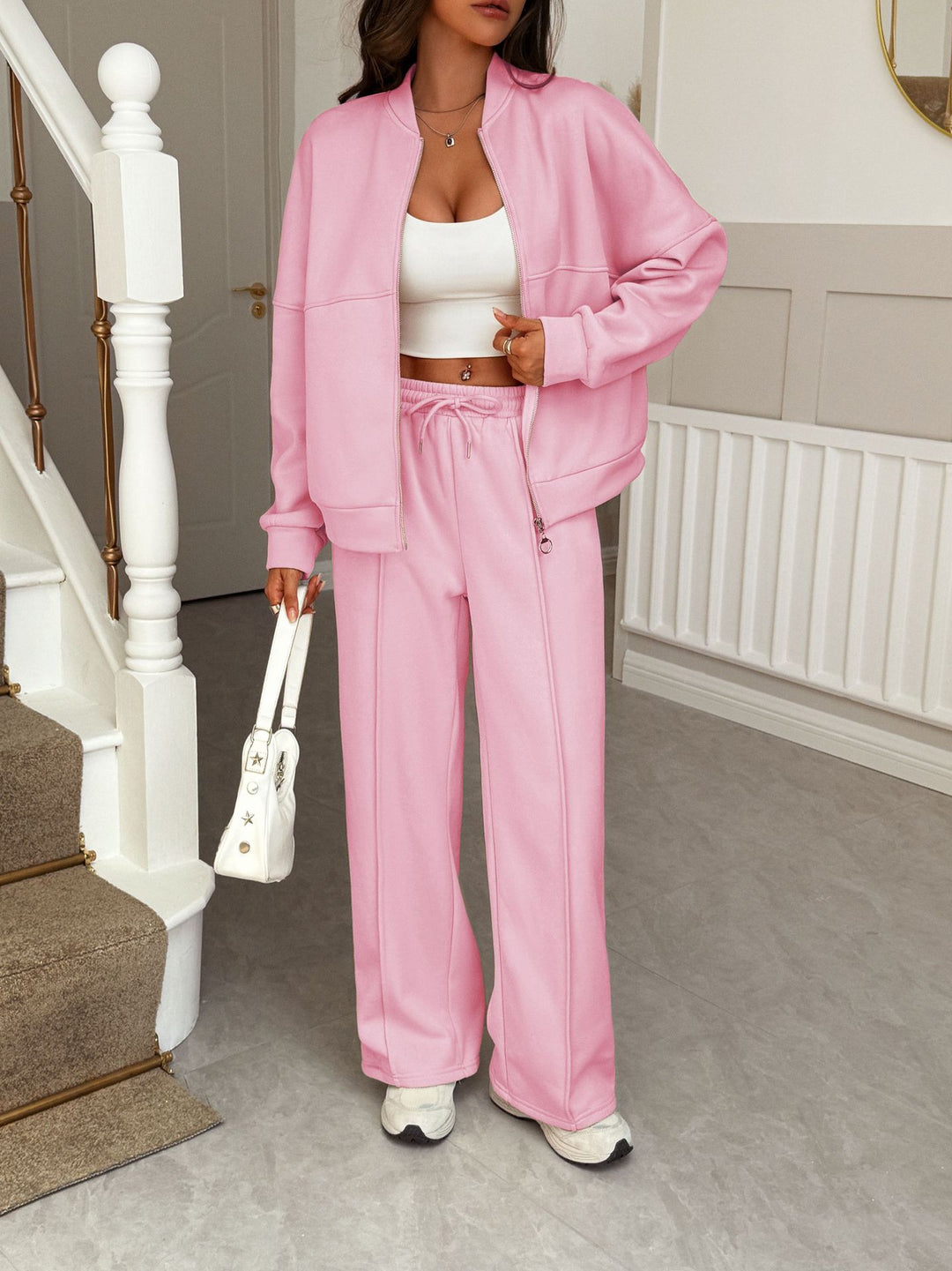 Damen Oversize-Sweatset mit Reißverschluss-Bomberjacke und Highwaist-Palazzohose – Avérine