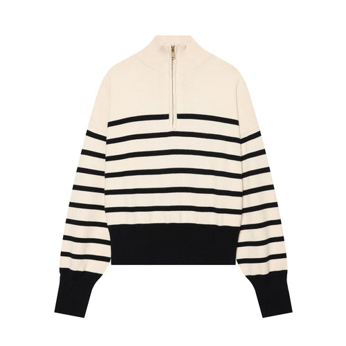 Damen Gestreifter Cropped Strickpullover mit halbem Reißverschluss und Stehkragen Echo Archiv