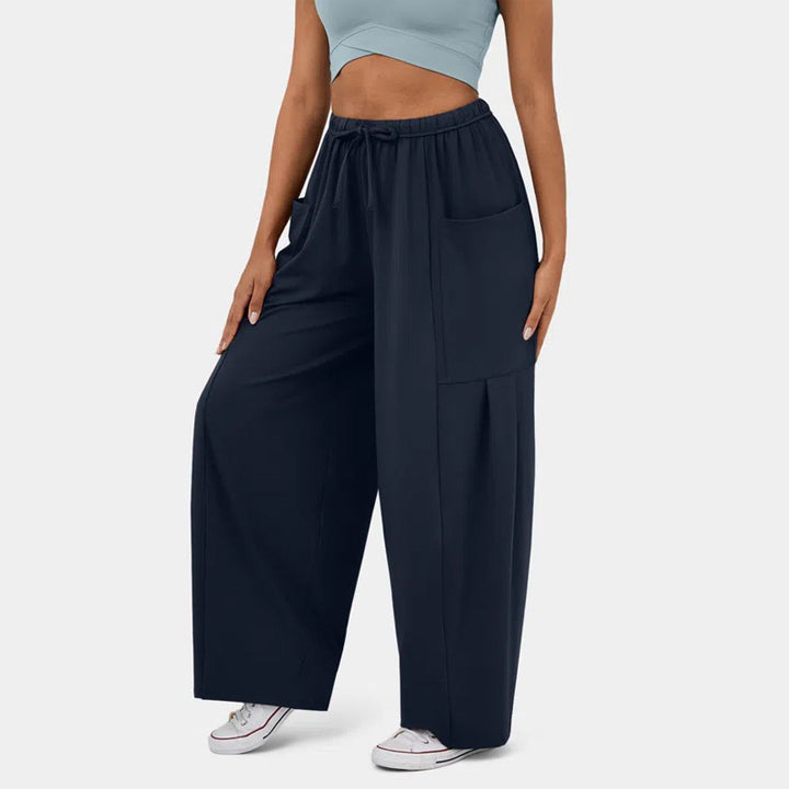 Damen Weite Relax‑Hose mit hohem Elastikbund, Tunnelzug und großen Cargo-Taschen – Avérine