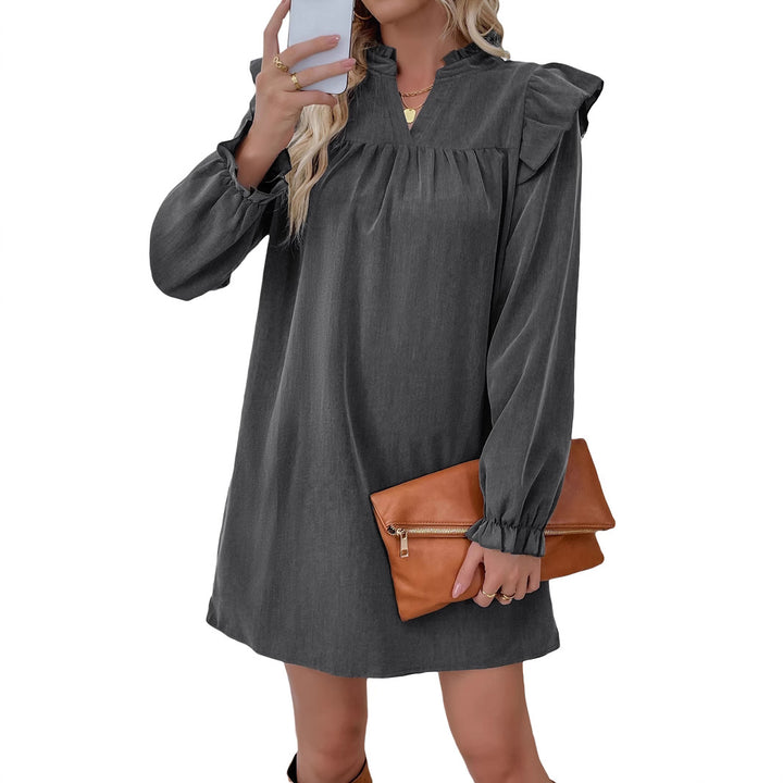 Damen Volant-Hemdkleid mit geraffter Passe, Stehkragen und elastischen Manschetten Echoarchiv