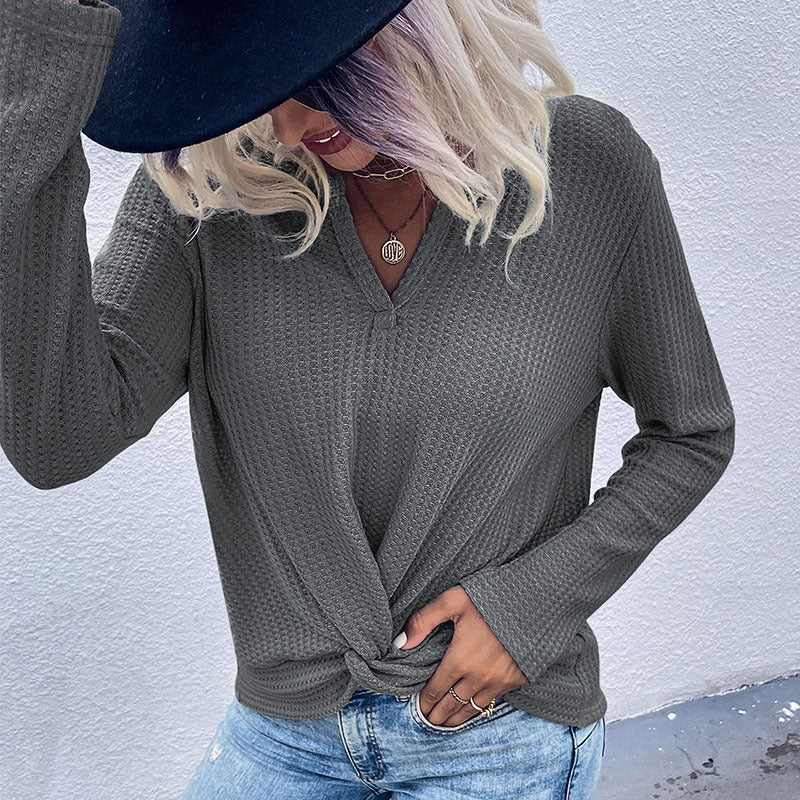 Damen Waffelstrick-Longsleeve mit V‑Ausschnitt und Knotenfront Echoarchiv