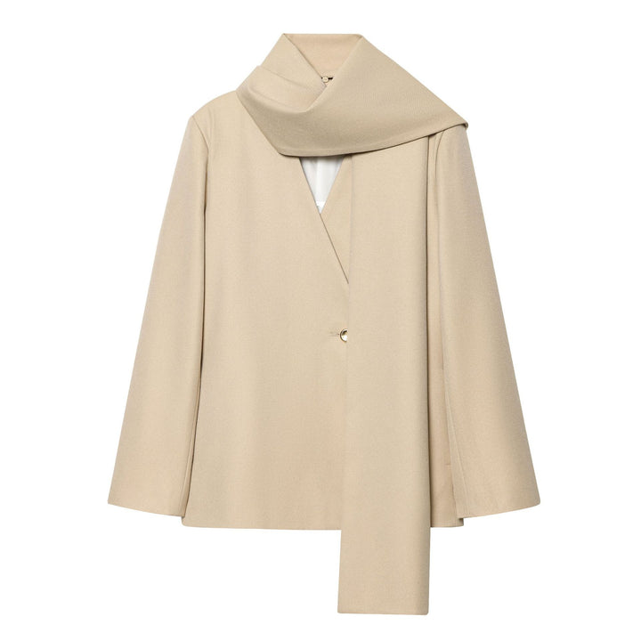 Damen kastiger Mantel mit integriertem Schal, kastigem Cape-Schnitt und einreihiger Knopfleiste – Montévia