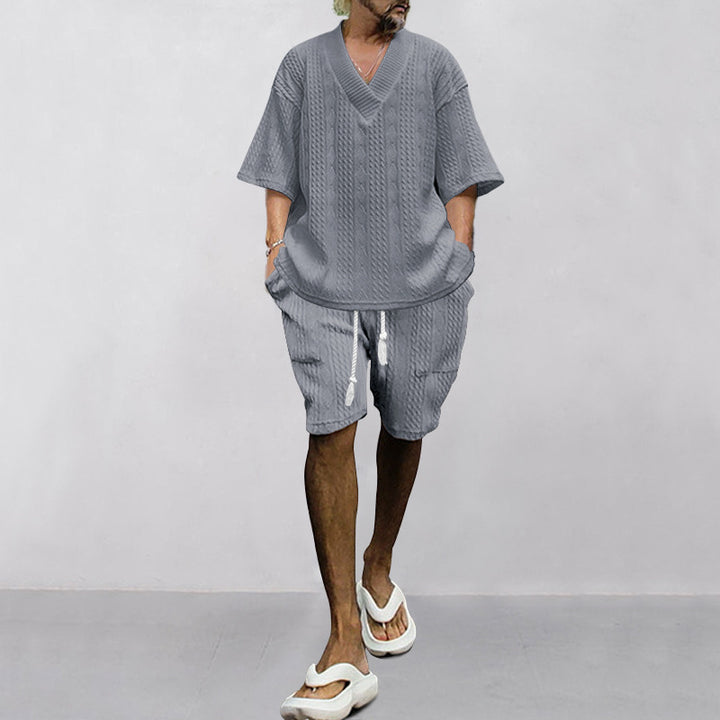 Herren lässiges Set aus locker sitzendem Oberteil mit V-Ausschnitt und Shorts mit elastischem Bund Echoarchiv