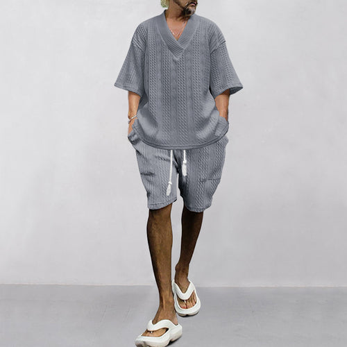 Herren lässiges Set aus locker sitzendem Oberteil mit V-Ausschnitt und Shorts mit elastischem Bund Echoarchiv