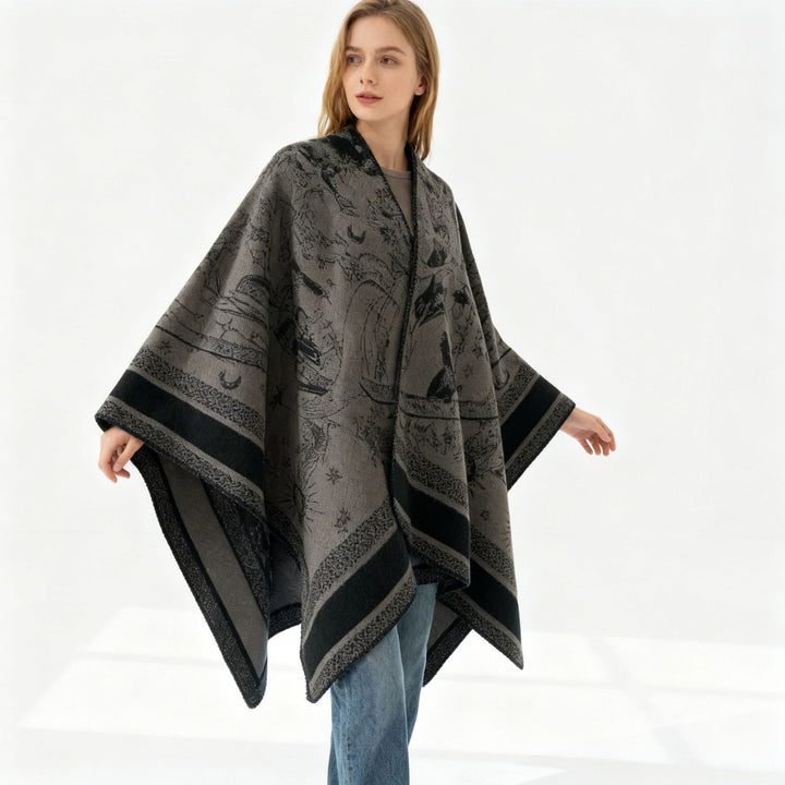 Damen Jacquard-Capeponcho mit doppelseitiger Webstruktur und V‑Ausschnitt – Avérine