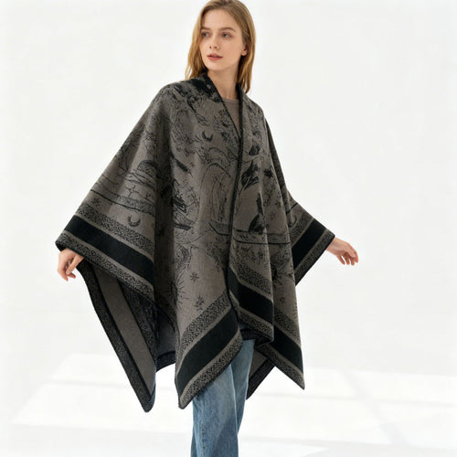 Damen Jacquard-Capeponcho mit doppelseitiger Webstruktur und V‑Ausschnitt – Avérine