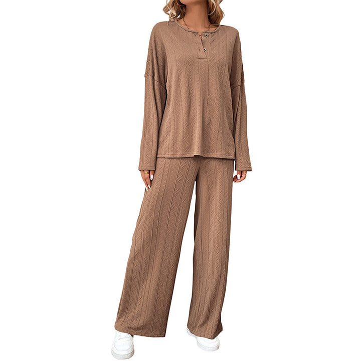 Damen Zweiteiliges Strick-Loungewear-Set mit Wide‑Leg-Hose und Henley-Oberteil Echoarchiv