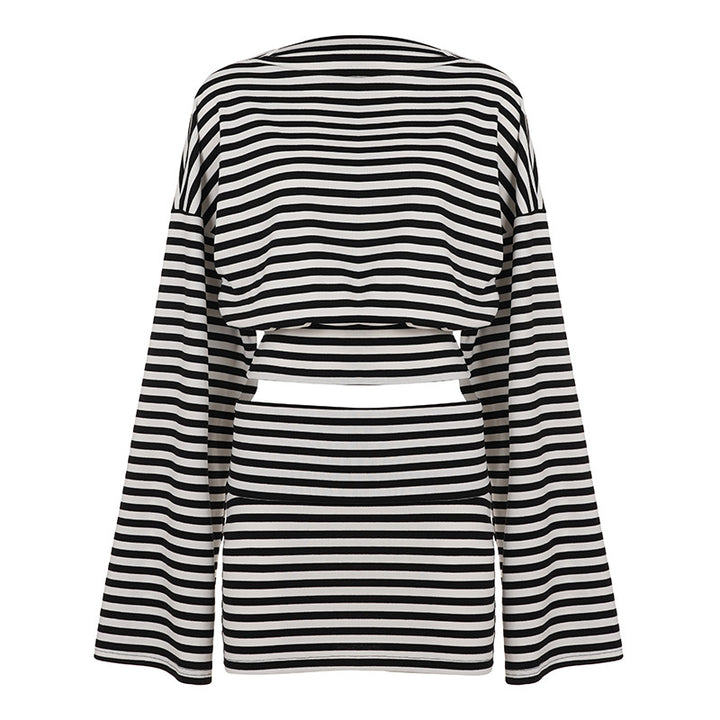 Damen nan gestreiftes Cut-Out-Longsleeve mit weitem Arm und taillierter Schichtung Echo Archiv
