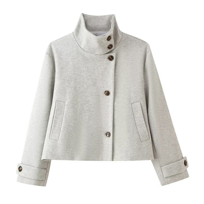 Damen kurze Boxy-Wolljacke mit Stehkragen und Manschetten Echo Archiv