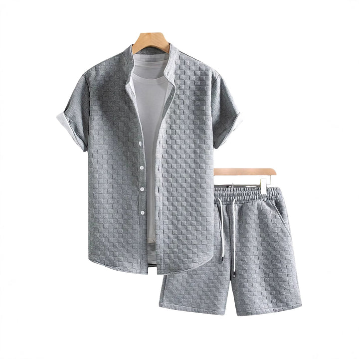 Herren nan zweiteiliges Sommerensemble mit Stehkragen-Hemdjacke und elastischen Komfort-Shorts in geprägter Karo-Textur Echoarchiv