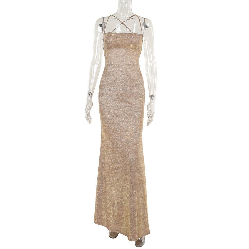 Damen figurbetontes Glitzer-Maxikleid mit Spaghettiträgern und seitlichen Raffungselementen Echo Archiv