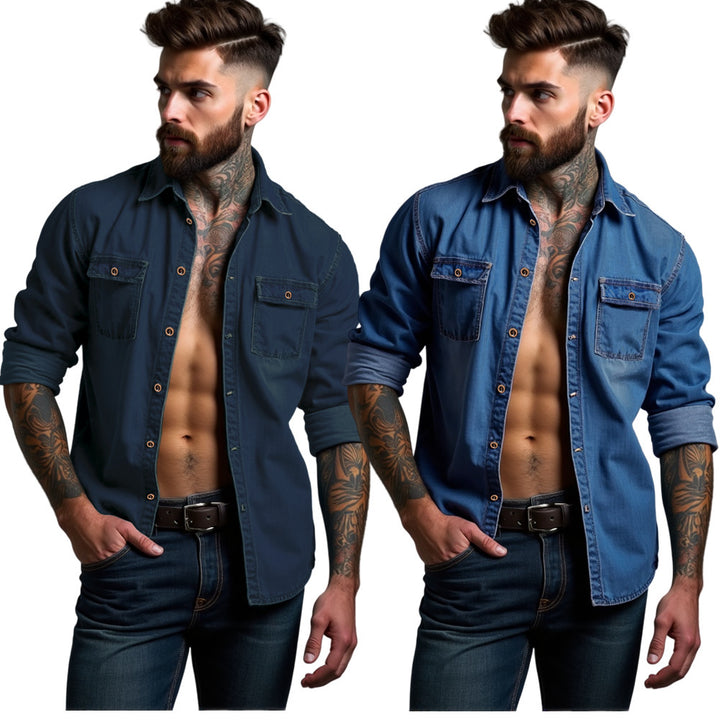 Herren lässige Denim-Hemdjacke mit zwei aufgesetzten Taschen Echoarchiv