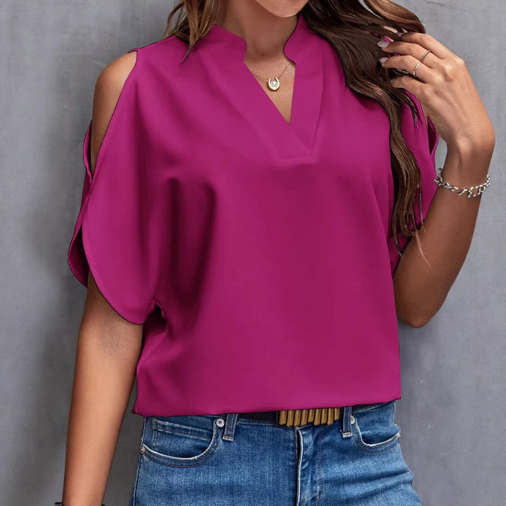 Damen Schulterfreie Chiffonbluse mit V-Ausschnitt und Stehkragen – Élovi