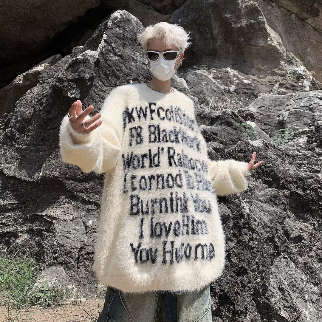 Unisex Oversized Strickpullover mit kreativem Schriftzug und gemütlichem Schnitt Echoarchiv