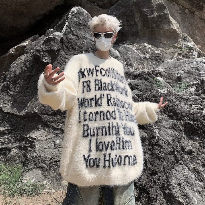 Unisex Oversized Strickpullover mit kreativem Schriftzug und gemütlichem Schnitt Echoarchiv