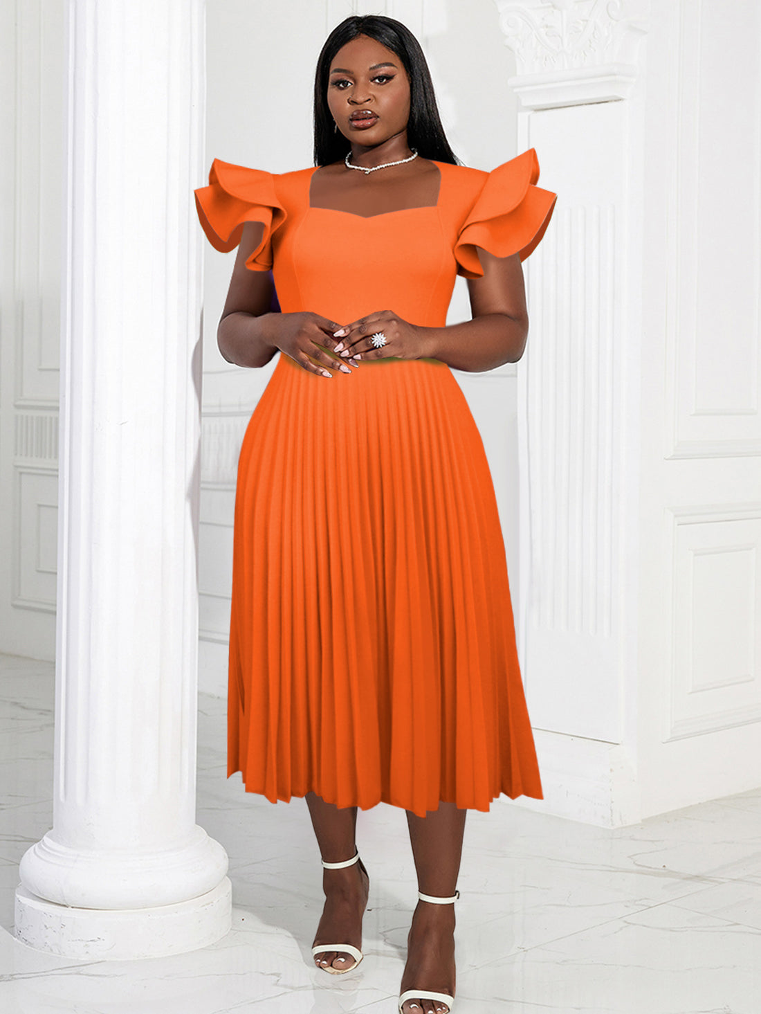 Damen plissiertes Maxikleid mit eleganten Rüschendetails – Valéora