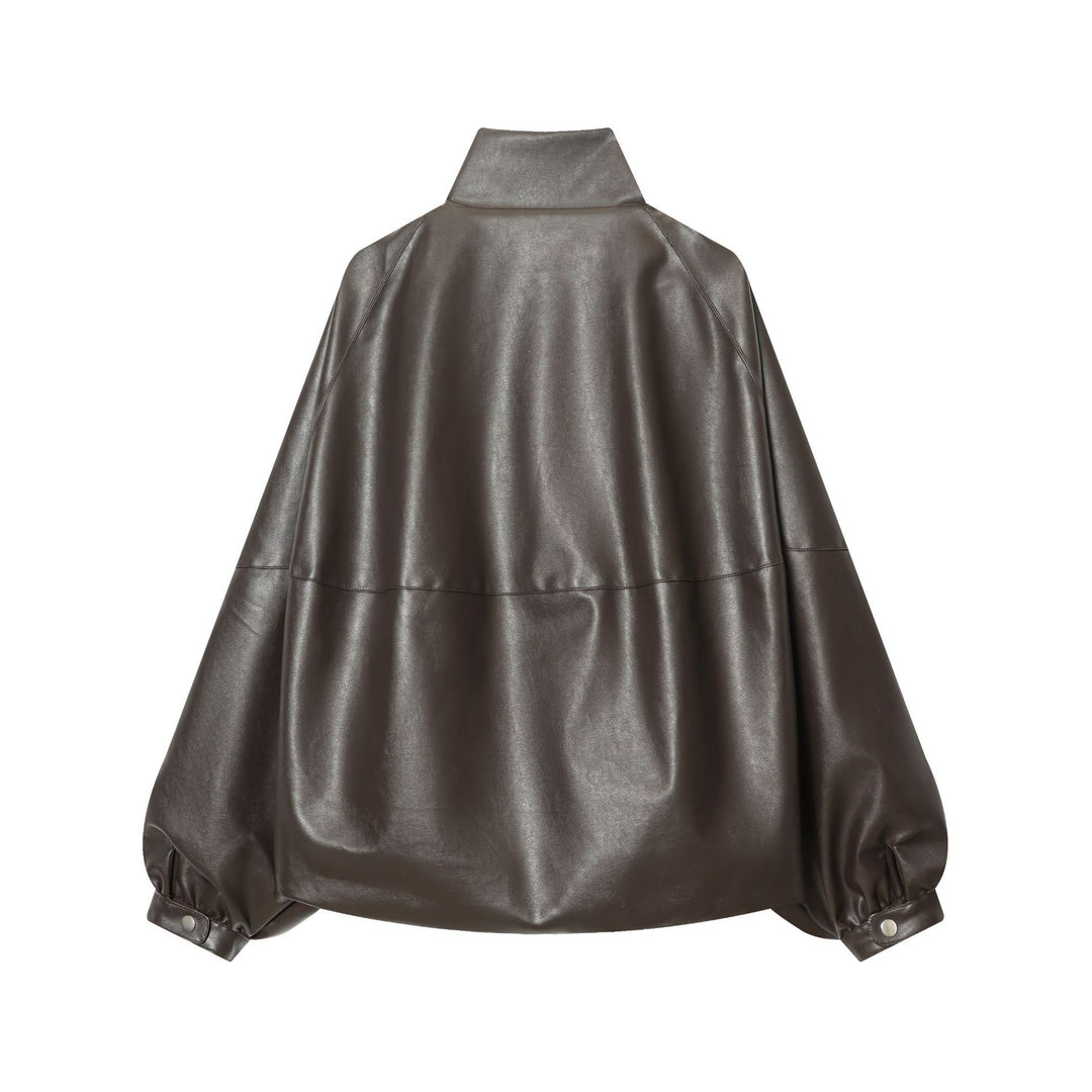 Damen kastiger Kunstleder-Blouson mit hohem Stehkragen, geraffter Schulterpartie und ballonärmeln – Célinea