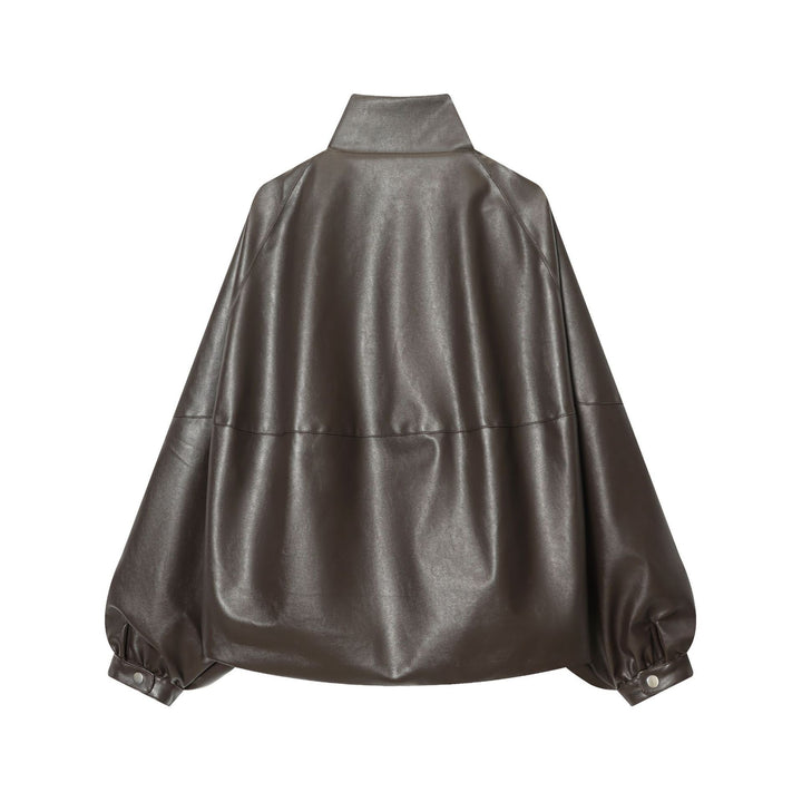 Damen kastiger Kunstleder-Blouson mit hohem Stehkragen, geraffter Schulterpartie und ballonärmeln – Célinea