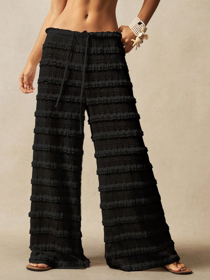 Damen Weite Spitzen-Hose mit Stufenvolants, Smokbund und Kordelzug – Avélisse