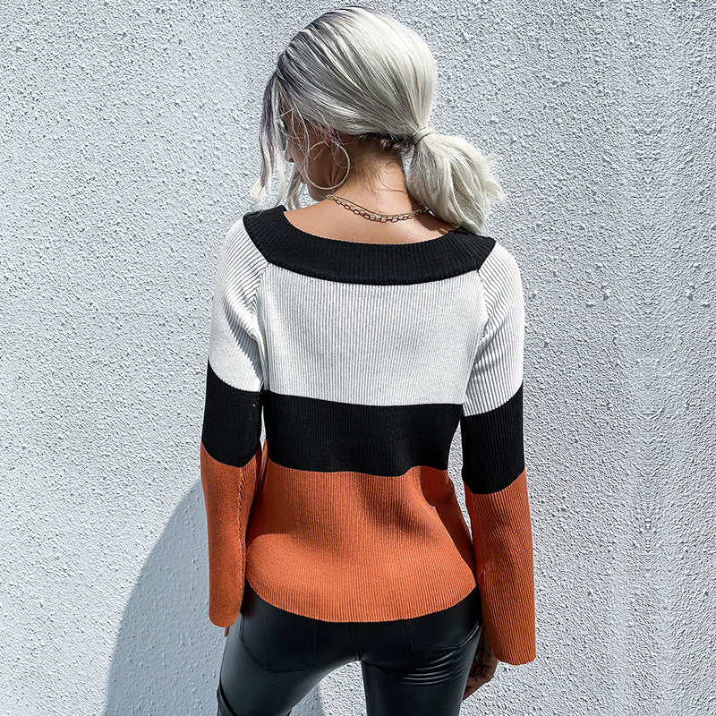 Damen Feinstrickpullover mit Blockstreifen, U-Boot-Ausschnitt und Glockenärmeln Echoarchiv