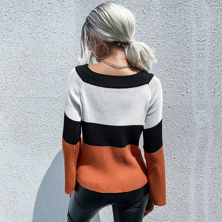 Damen Feinstrickpullover mit Blockstreifen, U-Boot-Ausschnitt und Glockenärmeln Echoarchiv
