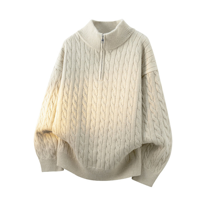 Damen Grobgestrickter Half-Zip Pullover mit Zopfmuster und Stehkragen Echoarchiv