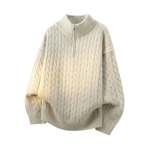 Damen Grobgestrickter Half-Zip Pullover mit Zopfmuster und Stehkragen Echoarchiv