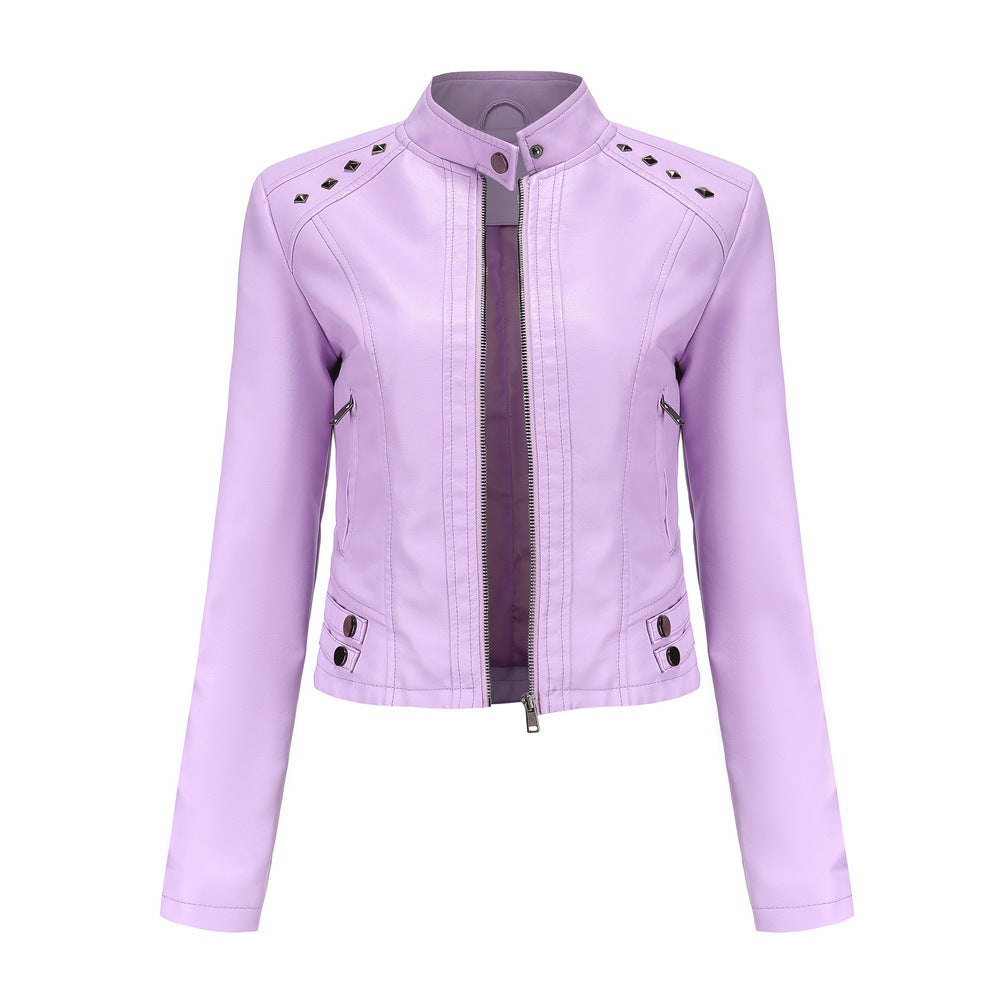 Damen nan kurze taillierte Kunstlederjacke mit Nietenbesatz und Stehkragen Echo Archiv