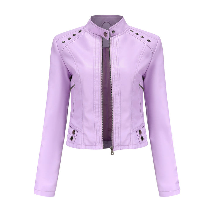 Damen nan kurze taillierte Kunstlederjacke mit Nietenbesatz und Stehkragen Echo Archiv