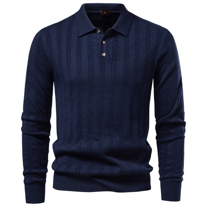 Herren Langarm-Feinstrick-Poloshirt mit Strukturstreifen und geripptem Saum Echoarchiv