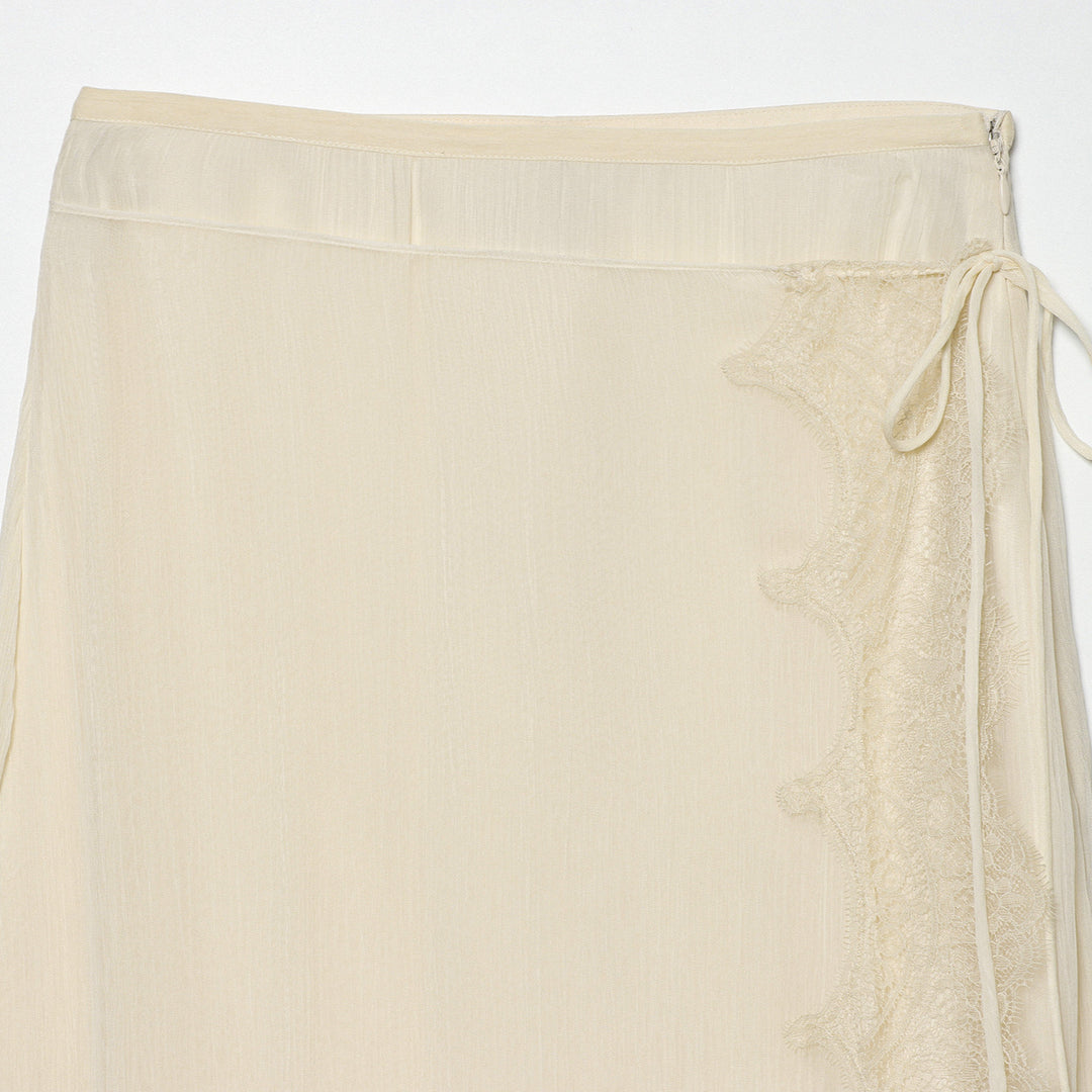 Damen Semi-transparenter Wickel-Midirock aus Chiffon mit Spitzensaum und Bindeband Echoarchiv