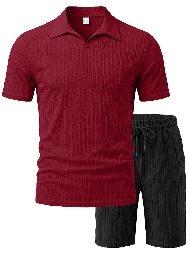 Herren nan Strick-Lounge-Ensemble mit Polokragen V‑Einsatz und Tunnelzug-Bermudas Echo Archiv