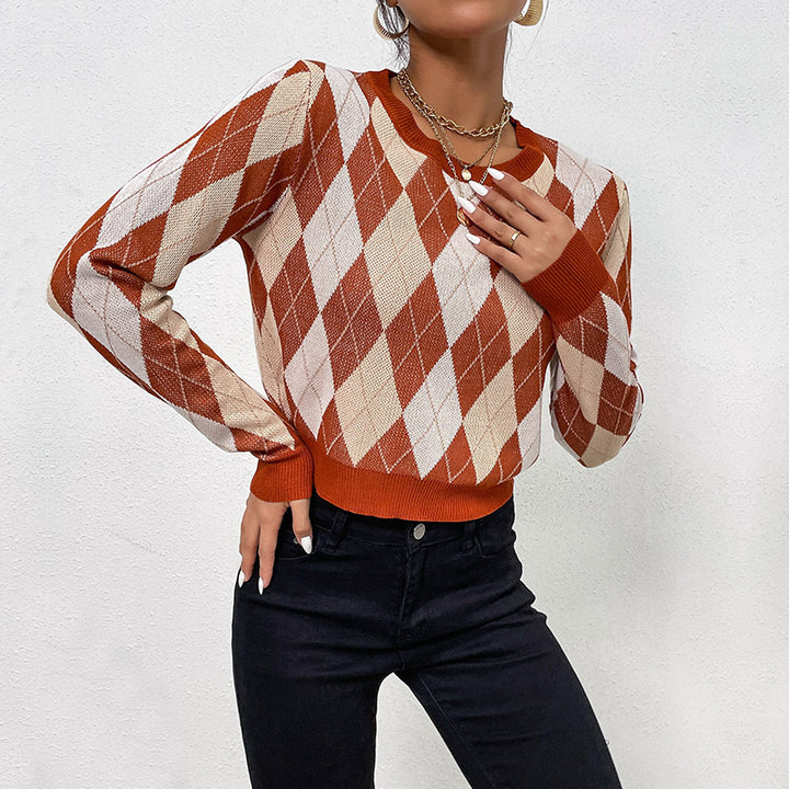 Damen Taillierter Kurzpullover im Rautenmuster mit Feinstrick und Rippbündchen Echoarchiv