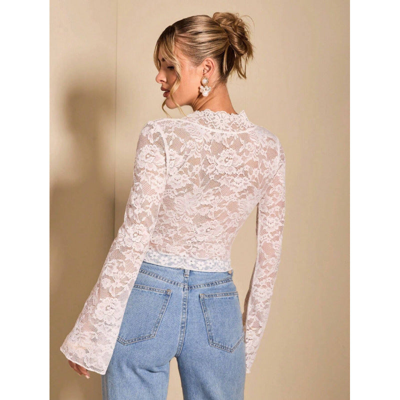Damen Spitze Bluse mit eleganten Trompetenärmeln und V-Ausschnitt Echo Archiv